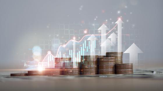 Stacks of coins with financial charts and upward arrows