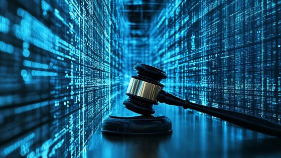 A gavel sits in front of a digital background