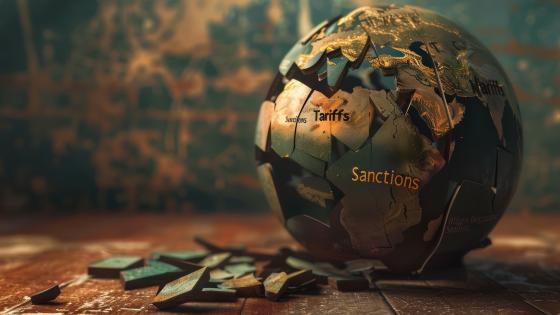 Cracked globe with "tariffs" and "Sanctions" labels