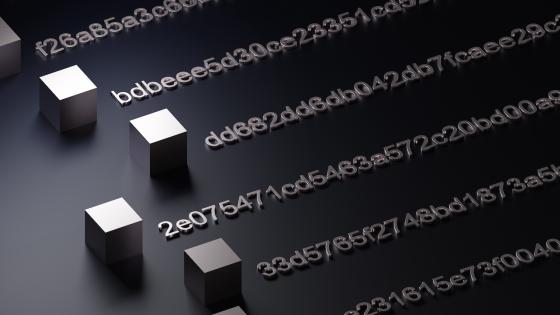 3D vizualization of Blockchain blocks and their hexadecimal hash values