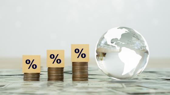 Wooden blocks with percentage signs on stacks of coins and glass globe